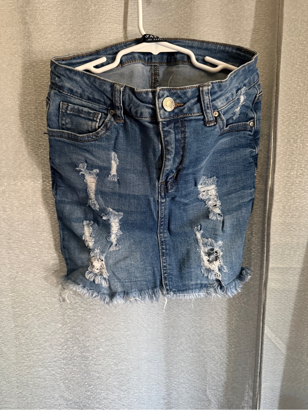 Wax Jean Distressed Blue Denim Mini Skirt
